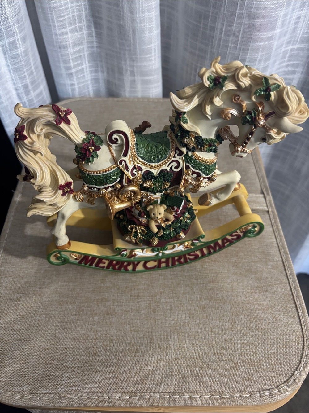 Festive Rocking Horse Figurine - Green/Gold/Ivory - Merry Christmas Accent